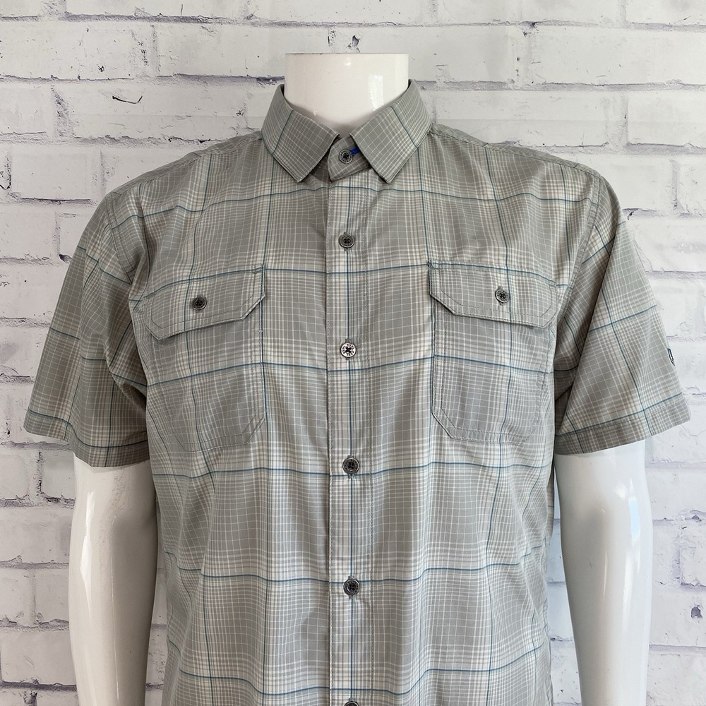 Kuhl Shirt Men's Medium Short Sleeve Eluxur Ionik Grey Plaid Lightweight